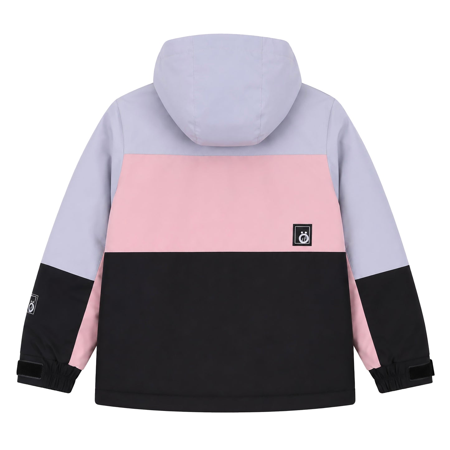Manteau d'hiver - Snö pour enfant avec capuche, coupe droite, en tissu imperméable violet, rose et noir, vue de dos.