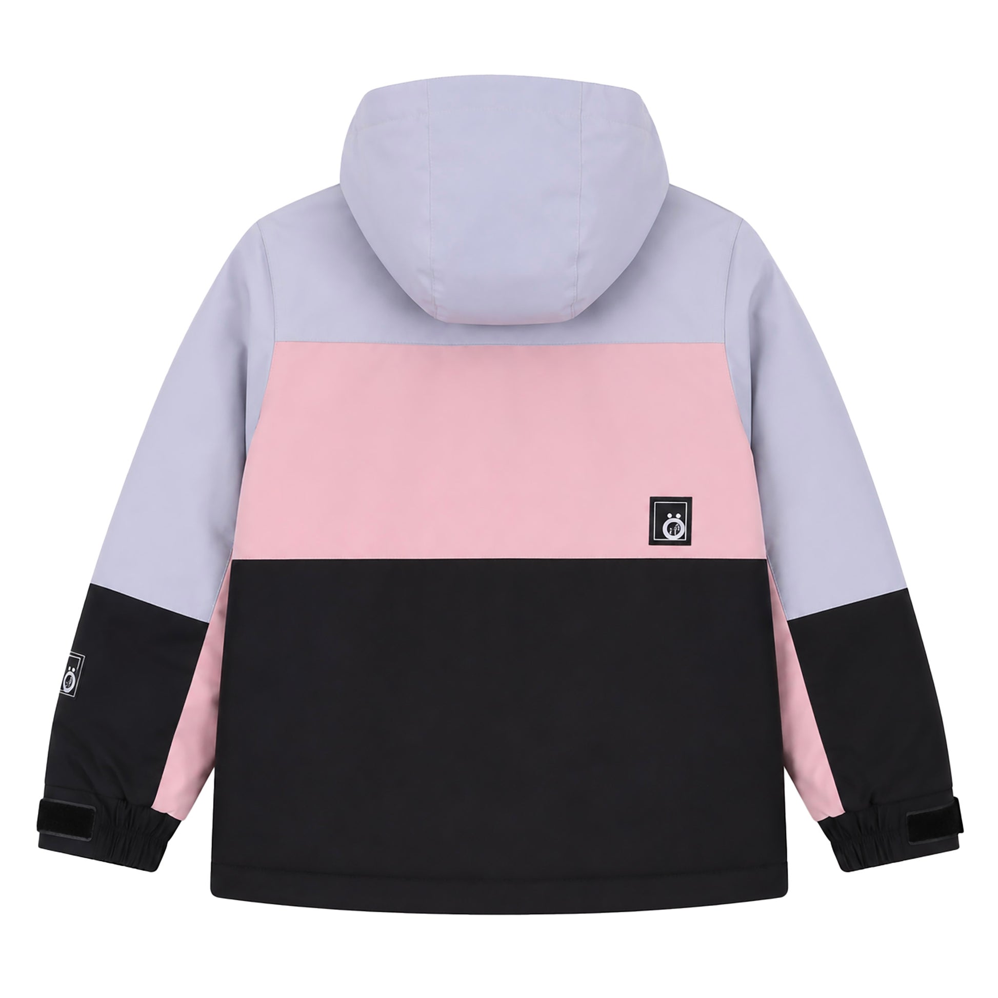 Manteau d'hiver - Snö pour enfant avec capuche, coupe droite, en tissu imperméable violet, rose et noir, vue de dos.