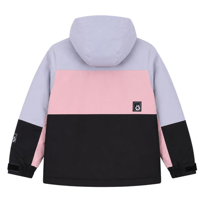 Manteau d'hiver - Snö pour enfant avec capuche, coupe droite, en tissu imperméable violet, rose et noir, vue de dos.