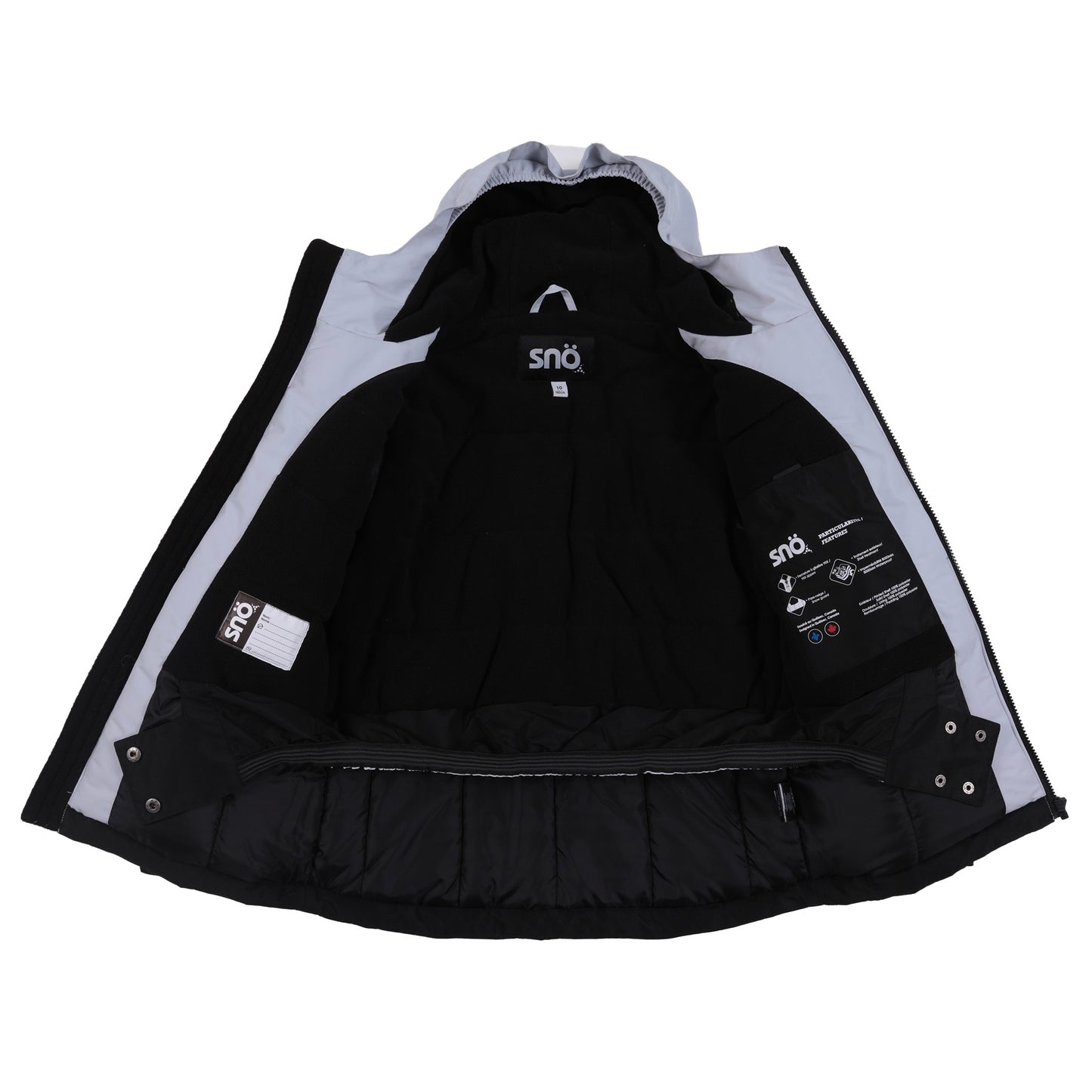 Manteau d'hiver - Snö ouvert, intérieur noir avec capuche, doublure et étiquette visibles, vue détaillée de l'intérieur sur fond blanc.