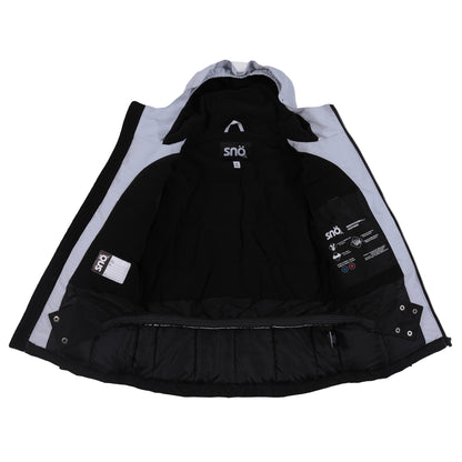 Manteau d'hiver - Snö ouvert, intérieur noir avec capuche, doublure et étiquette visibles, vue détaillée de l'intérieur sur fond blanc.
