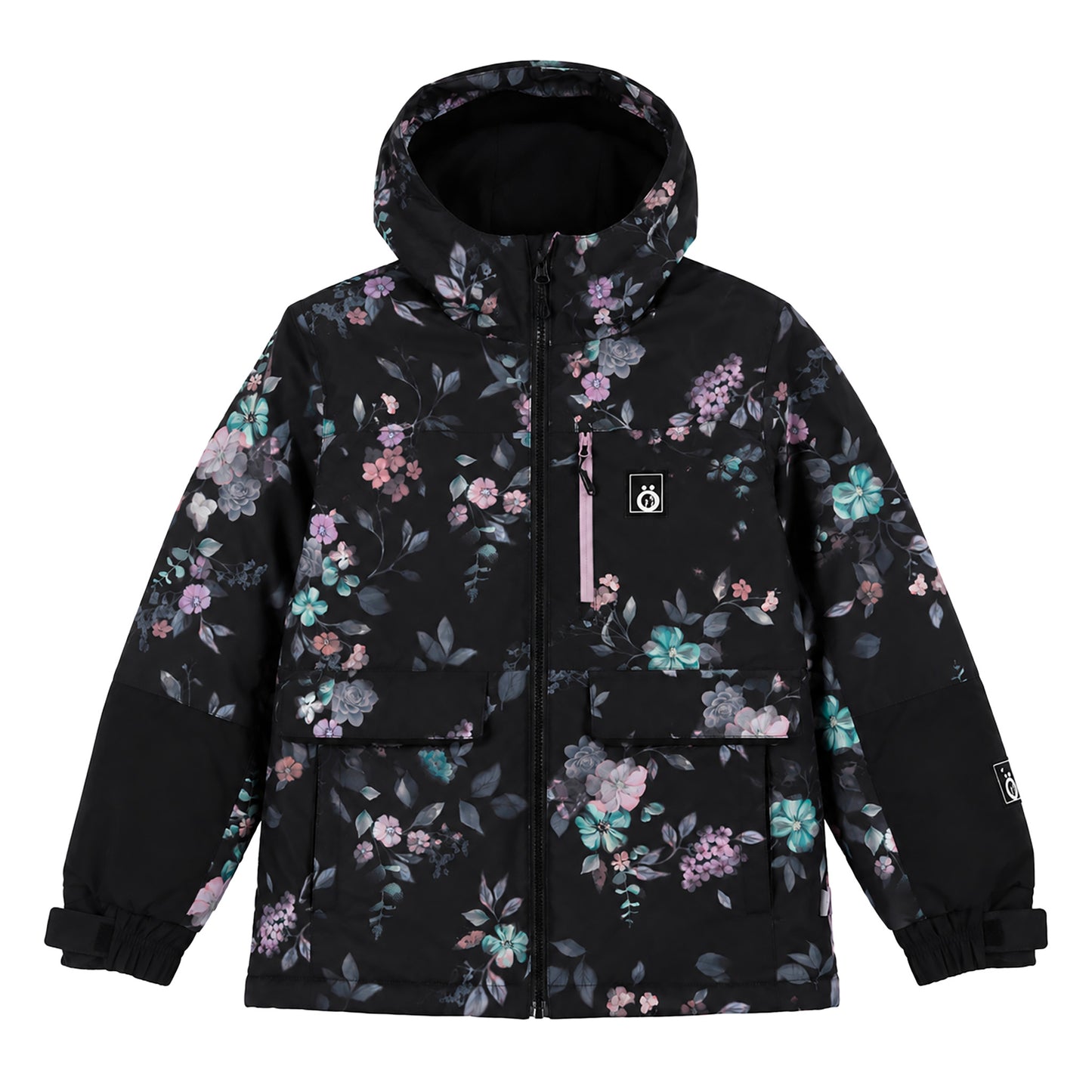 Manteau - Snö noir à motif floral multicolore rose, violet et turquoise, style parka avec capuche, pour enfant, vue de face.