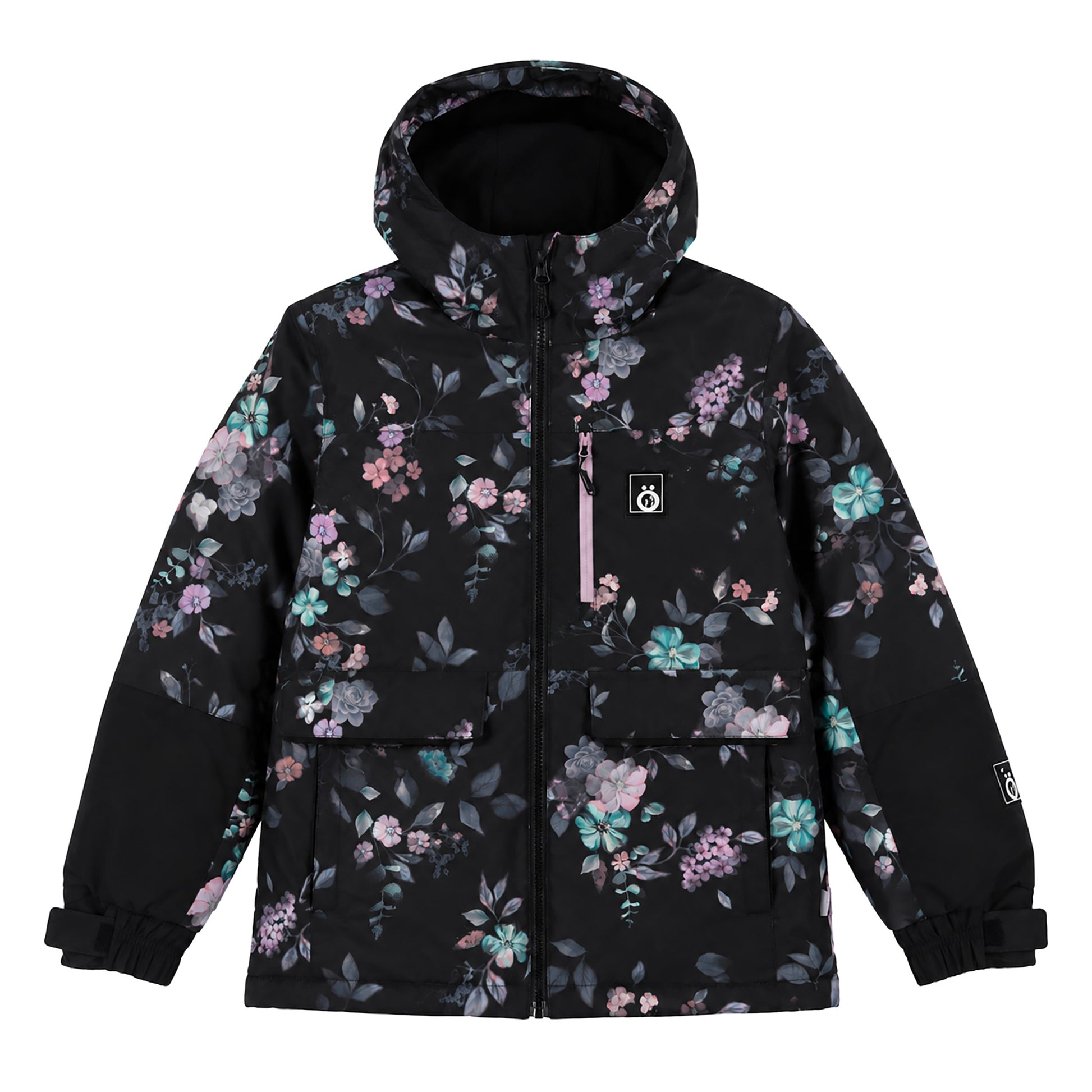 Manteau - Snö noir à motif floral multicolore rose, violet et turquoise, style parka avec capuche, pour enfant, vue de face.