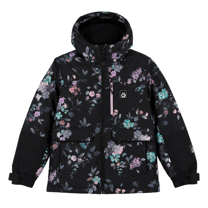 Manteau - Snö noir à motif floral multicolore rose, violet et turquoise, style parka avec capuche, pour enfant, vue de face.