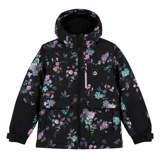 Manteau - Snö noir à motif floral multicolore rose, violet et turquoise, style parka avec capuche, pour enfant, vue de face.