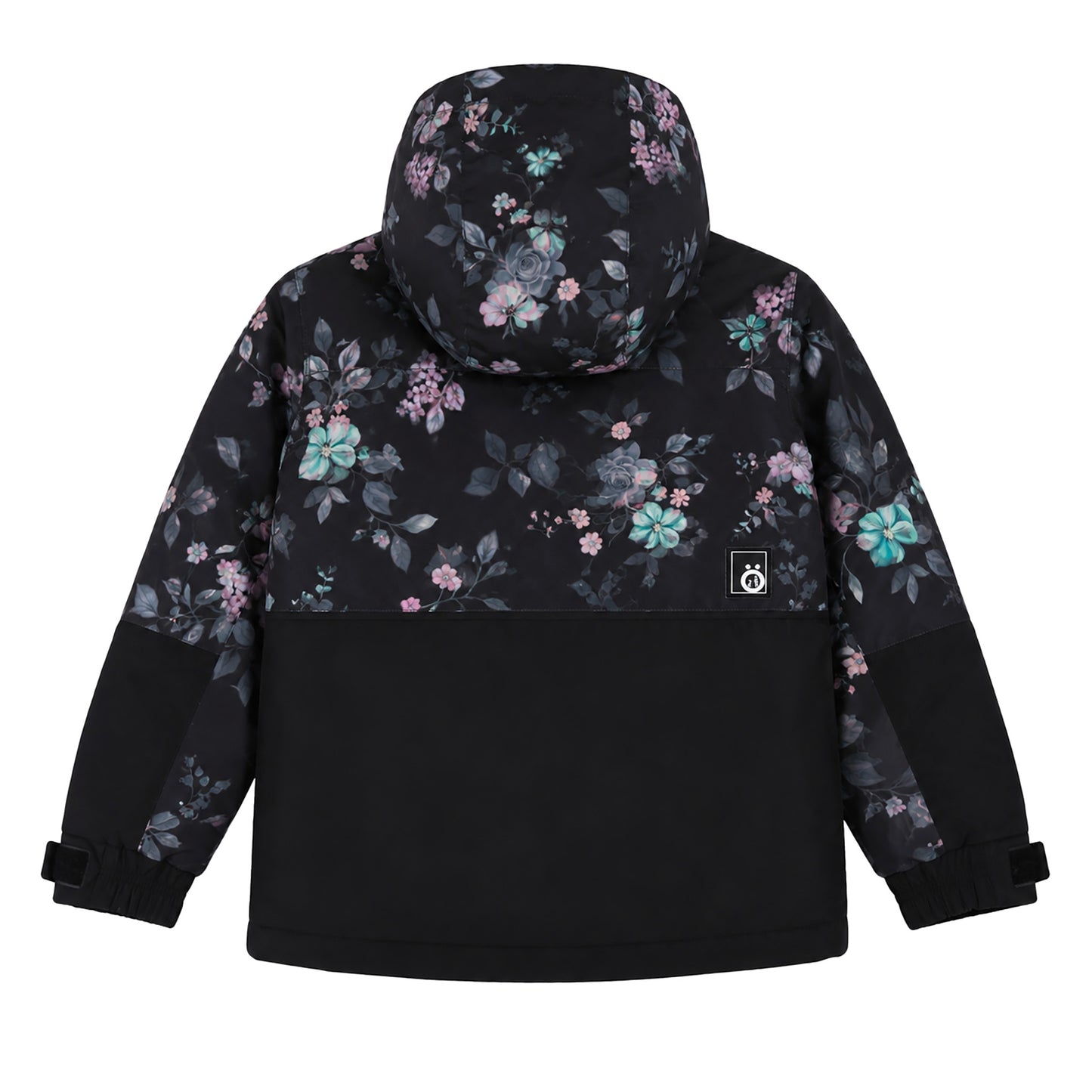 Manteau - Snö pour enfant, vue de dos, motif floral violet et vert sur fond noir avec capuche, partie inférieure unie noire en tissu technique.