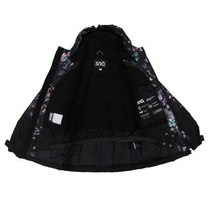 Manteau - Snö noir avec intérieur à motifs floraux colorés, style imperméable, détails techniques visibles, vue intérieure ouverte