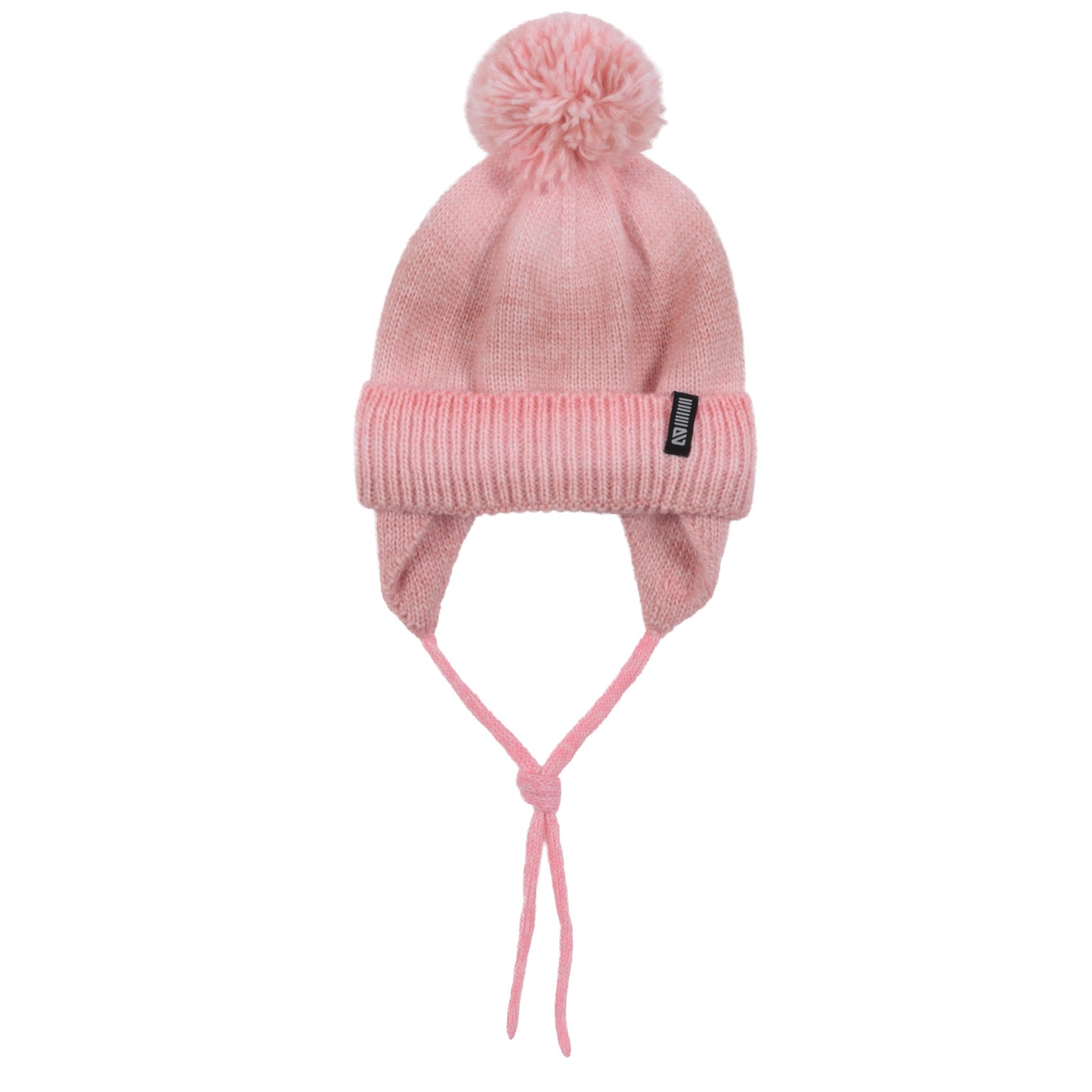 Tuque d'hiver - Nanö rose clair en tricot avec pompon, doublure douce, oreilles couvertes et cordons à nouer, pour enfant, vue de face.