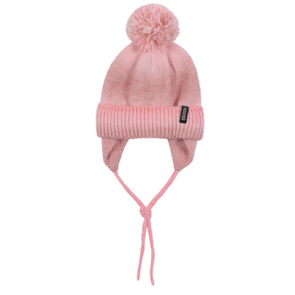 Tuque d'hiver - Nanö rose clair en tricot avec pompon, doublure douce, oreilles couvertes et cordons à nouer, pour enfant, vue de face.