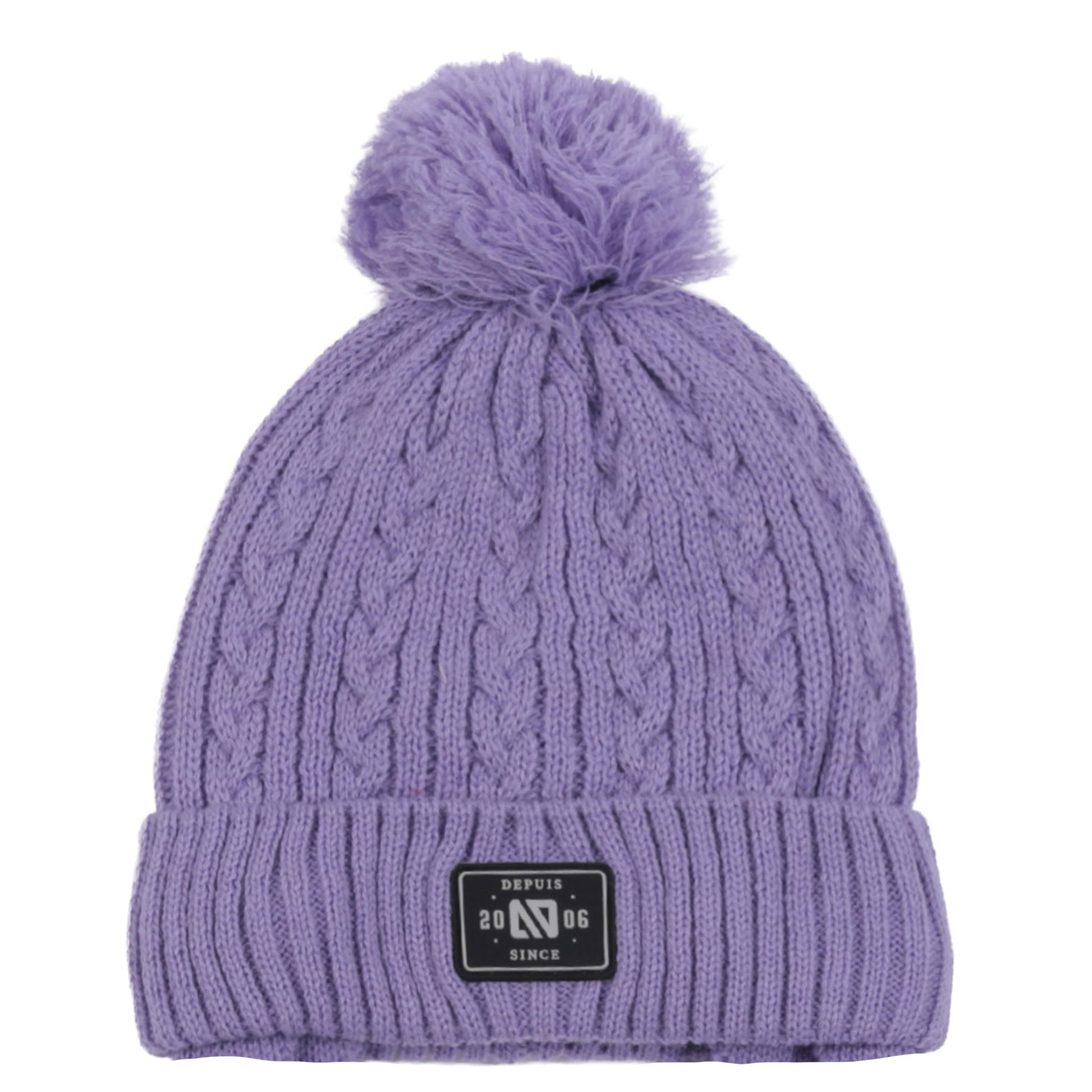 Tuque d'hiver - Nanö mauve en tricot torsadé avec pompon en laine, bordure côtelée, vue de face.