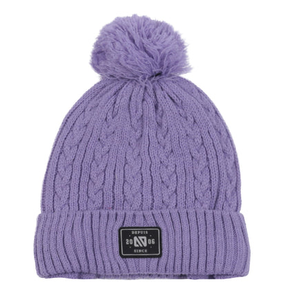 Tuque d'hiver - Nanö mauve en tricot torsadé avec pompon en laine, bordure côtelée, vue de face.
