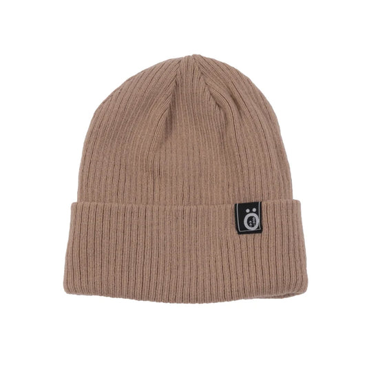 Tuque d'hiver - Snö en tricot côtelé beige rosé avec étiquette noire, vue de face