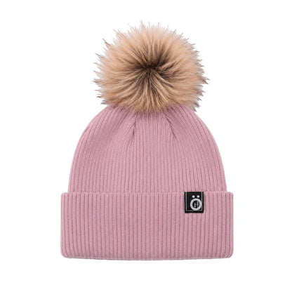 Tuque d'hiver - Snö rose en tricot côtelé avec pompon beige et revers plié vue de face