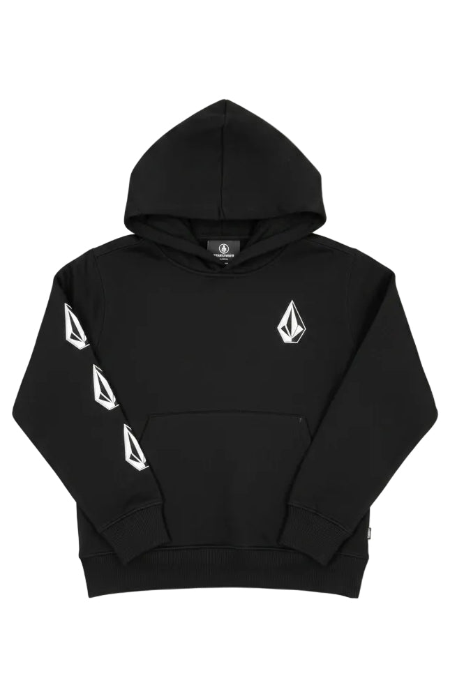 Hoodie - Volcom noir en coton avec capuche, logo blanc sur la poitrine et manches, style classique, vue de face.