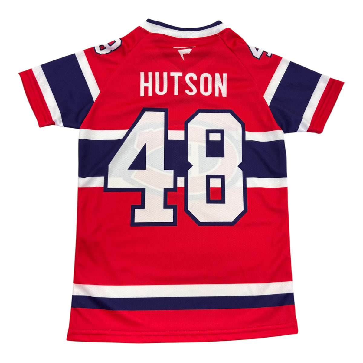Jersey manches courtes rouge foncé - Hutson - PROMO 2 pour 50$, vue de dos, rayures blanches et bleu marine, numéro 48