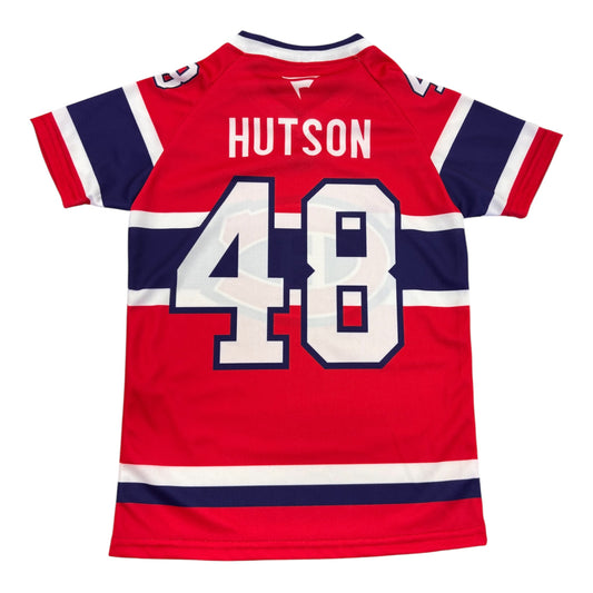 Jersey manches courtes rouge foncé - Hutson - PROMO 2 pour 50$, vue de dos, rayures blanches et bleu marine, numéro 48