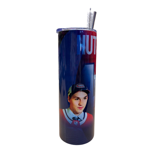 Bouteille isotherme - Hutson bleue et rouge avec paille intégrée et portrait imprimé vue de face