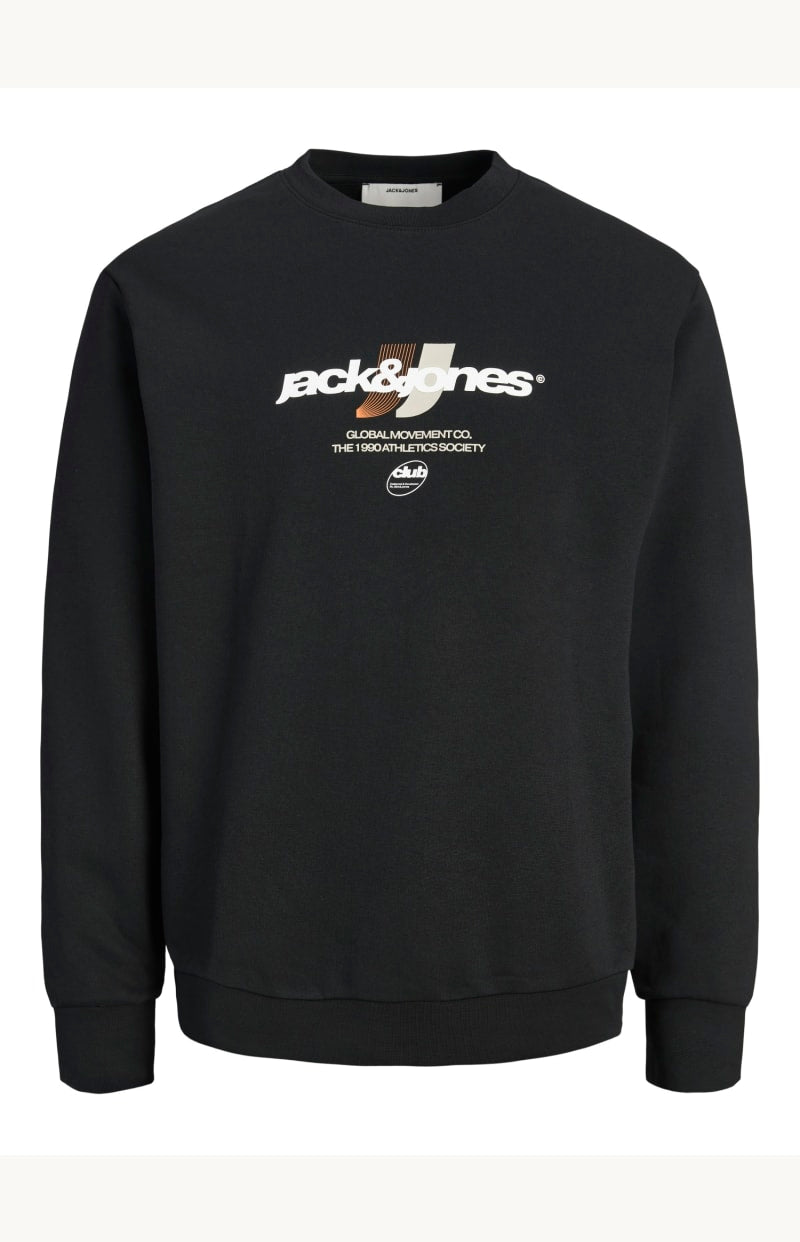 Chandail - Jack & Jones noir avec logo imprimé blanc et beige sur le devant, en coton, style sweat-shirt pour homme, vue de face.