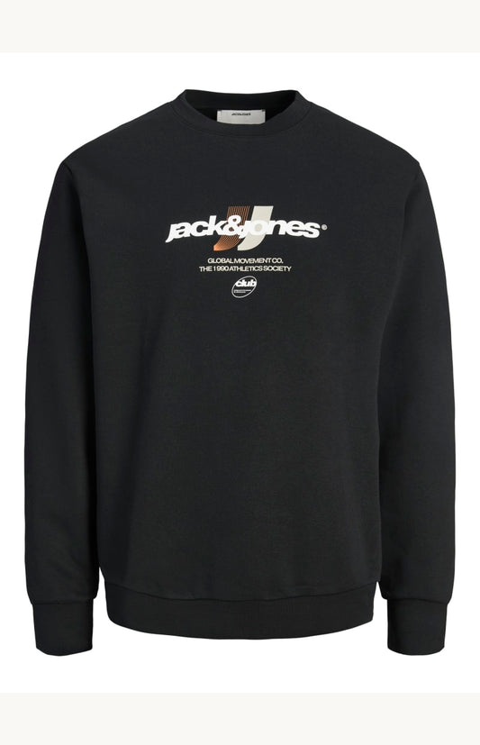 Chandail - Jack & Jones noir avec logo imprimé blanc et beige sur le devant, en coton, style sweat-shirt pour homme, vue de face.