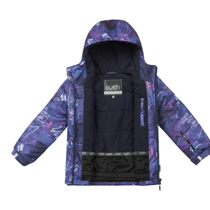 Veste à capuche bleue et violette à motifs, doublure noire et fermeture zippée, vue de face ouverte pour enfant