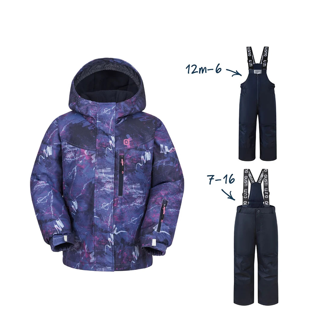 Ensemble de ski pour enfant avec veste à capuche violette à motifs et pantalons de neige noirs à bretelles réglables