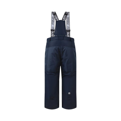 Pantalon de ski à bretelles bleu marine avec jambes longues et logo discret, vue de face