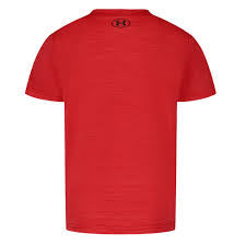 T-Shirt - Under Armour rouge en tissu technique léger, style sport, vue de dos, taille enfant garçon.