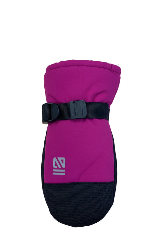 Mitaines d'hiver - Nanö rose fuchsia et noire en tissu imperméable avec sangle ajustable, pour enfant, vue de face.