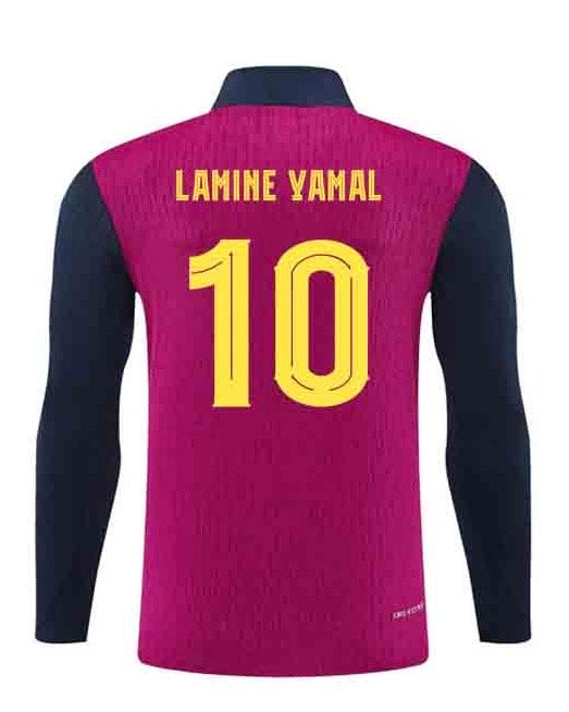 Ensemble de soccer FC Barcelone - Lamine Yamal, maillot manches longues rose et bleu marine, dos avec numéro 10 jaune, polyester.