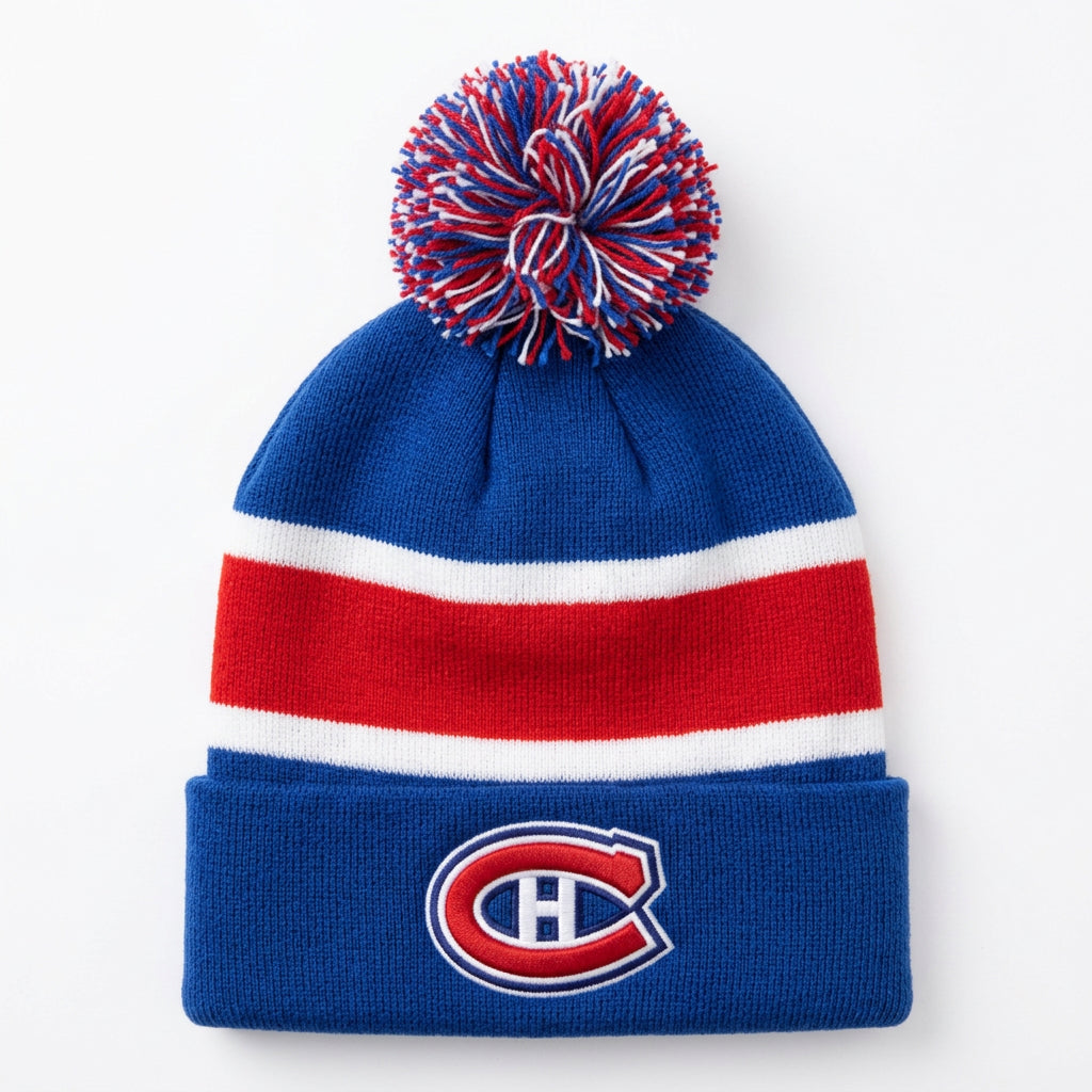Tuque d'hiver - Canadiens en tricot bleu, rouge et blanc, avec rayures contrastantes, pompon multicolore et écusson à l'avant