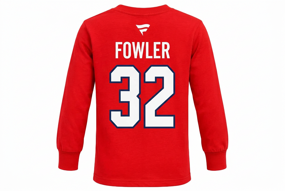 Chandail Fowler rouge à manches longues avec inscription Fowler et numéro 32 au dos, vue de dos