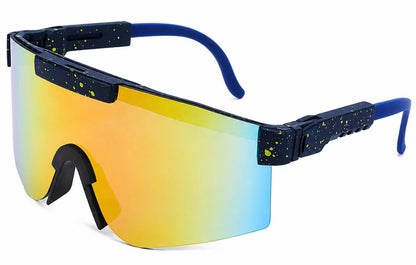 Lunettes de soleil ajustables - Kids Windshield avec écran miroir dégradé jaune et bleu, monture bleue à éclaboussures jaunes, style sport, pour enfant, vue de trois quarts face.