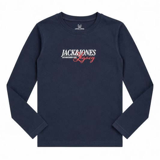 Chandail - Jack & Jones bleu marine à manches longues avec logo contrastant rouge et blanc sur le devant vue de face