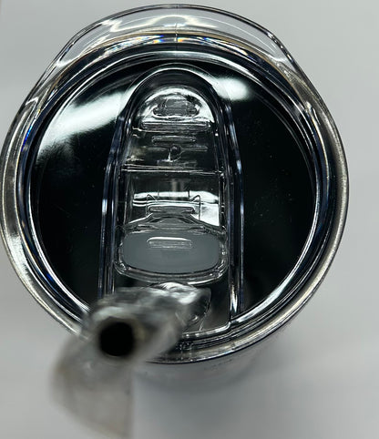 Bouteille isotherme - Caufield vue de dessus sur le couvercle transparent avec paille intégrée, acier inoxydable visible