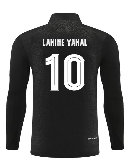 Ensemble de soccer FC Barcelone - Lamine Yamal, maillot noir manches longues en polyester, vue de dos avec numéro 10 et nom brodés.