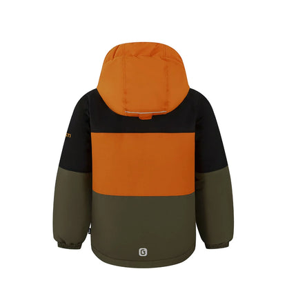 Habit de neige Gage - Gusti pour enfant orange noir et vert olive à couleurs contrastées vue de dos
