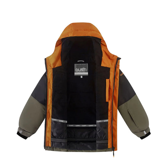 Habit de neige Gage - Gusti orange noir et kaki à capuchon vue de face pour enfant