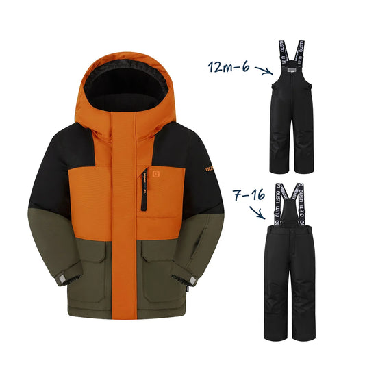 Habit de neige Gage - Gusti orange noir et vert olive pour enfant avec veste à capuchon et pantalon à bretelles vue de face