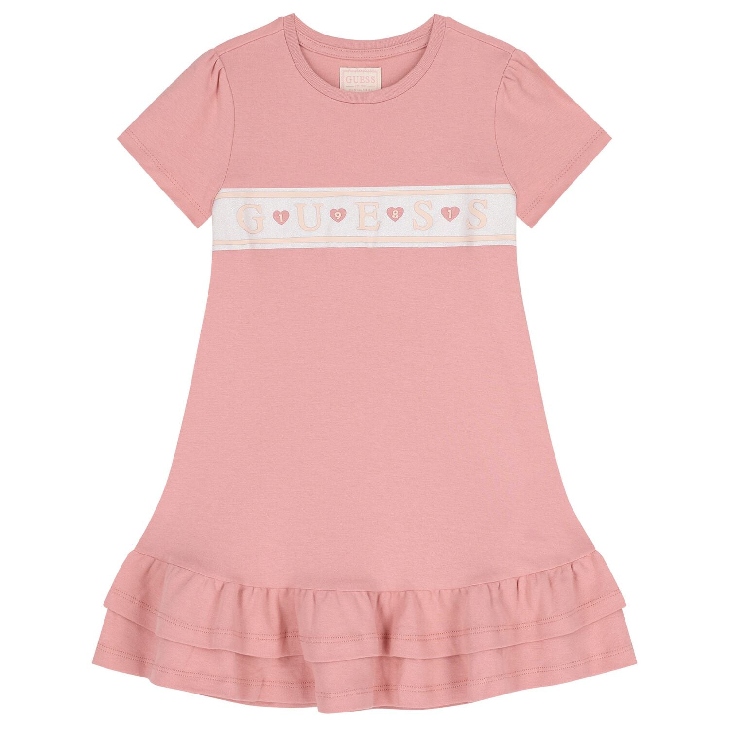 Robe - Guess rose en coton 100% avec bande blanche et lettres roses, manches courtes, pour fille, vue de face