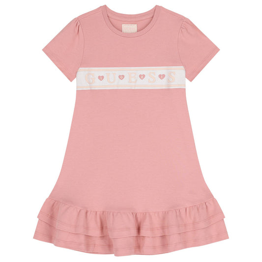 Robe - Guess rose en coton 100% avec bande blanche et lettres roses, manches courtes, pour fille, vue de face