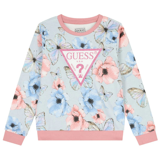 Chandail - Guess bleu clair à imprimé fleurs roses et bleues avec papillons, col et bords roses, 100% coton, vue de face.