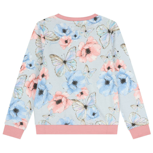Chandail - Guess en coton pour enfant, imprimé papillons et fleurs roses et bleues, vue de dos, bordures rose pâle.