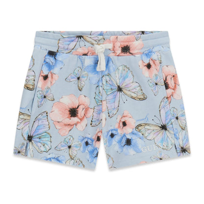 Short - Guess en coton bleu clair avec motifs papillons et fleurs roses pour enfant, vue de face.