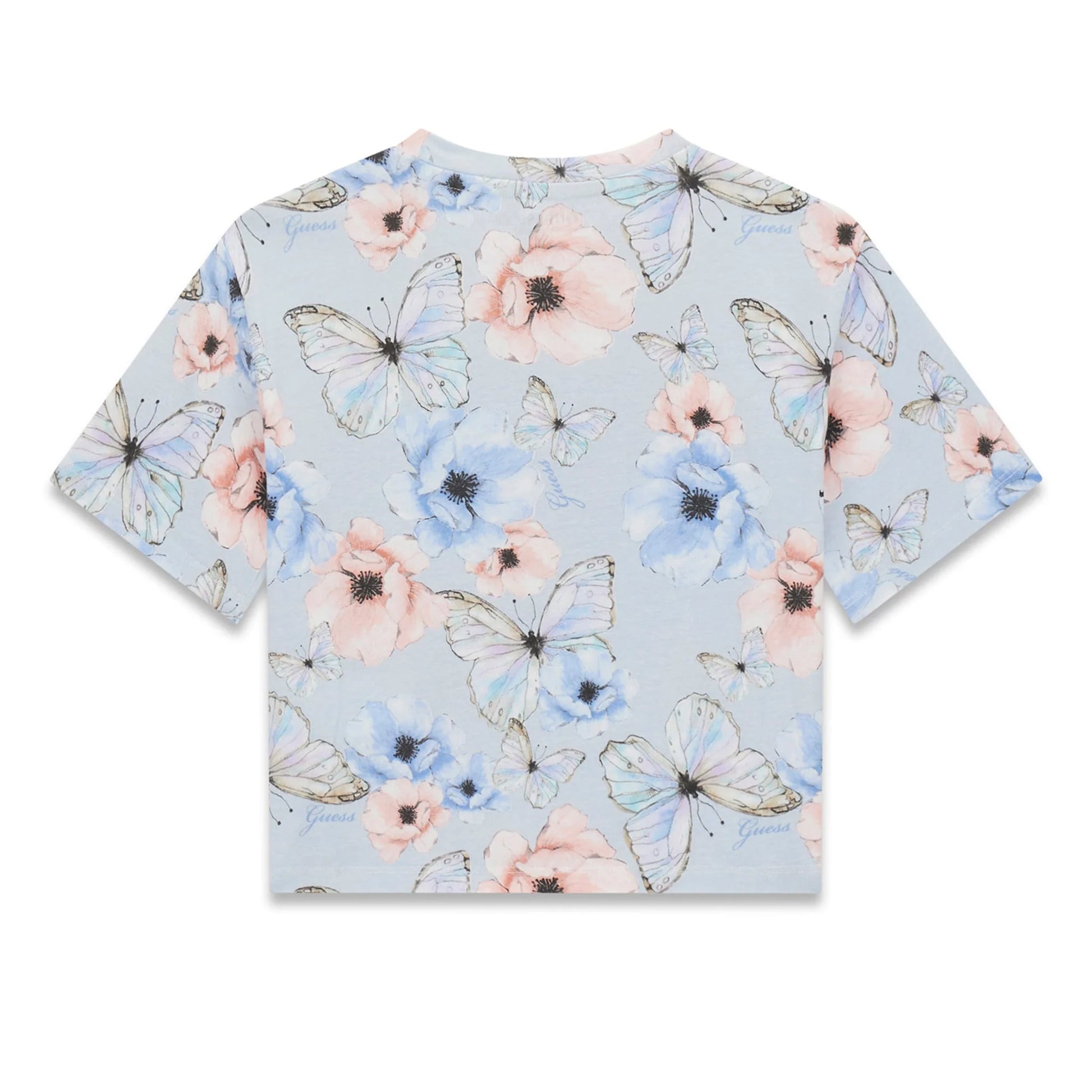 T-Shirt - Guess enfant bleu clair à manches courtes avec imprimé papillons et fleurs roses et bleues, vue de dos