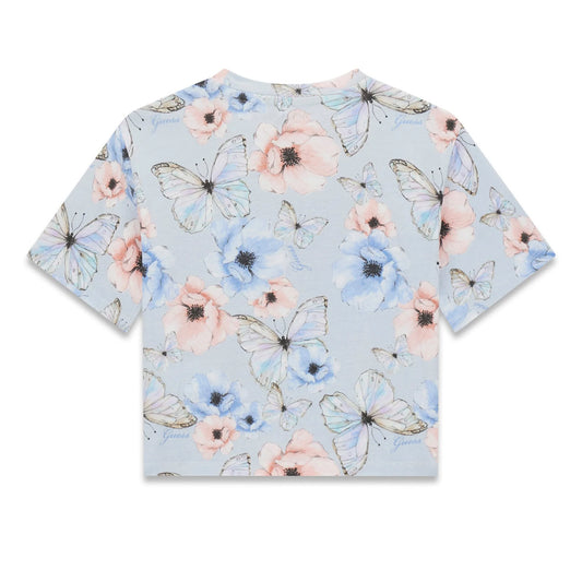T-Shirt - Guess enfant bleu clair à manches courtes avec imprimé papillons et fleurs roses et bleues, vue de dos