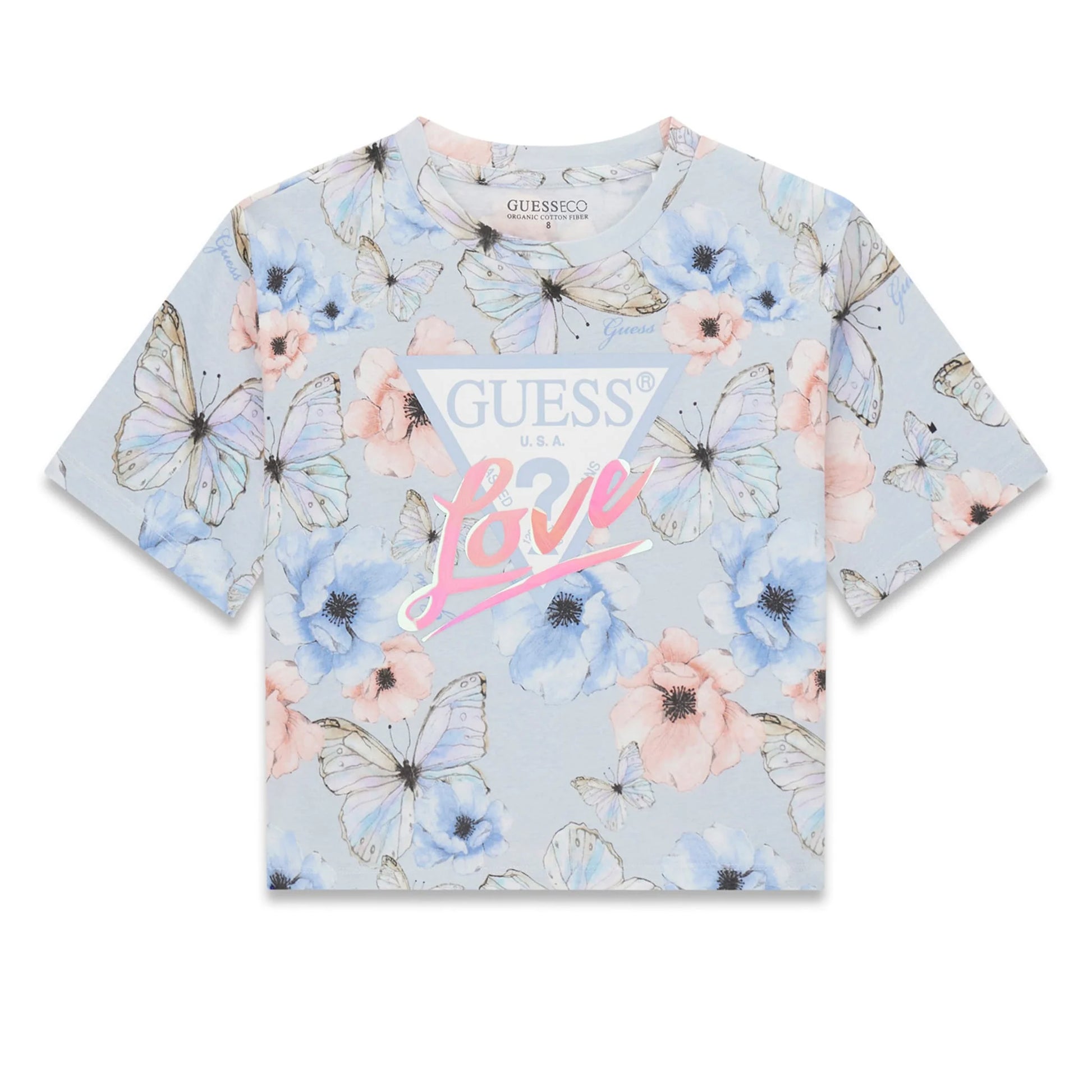 T-Shirt - Guess à manches courtes bleu clair avec papillons et fleurs roses et bleues, coton et élasthanne, vue de face