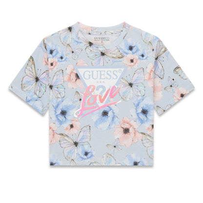T-Shirt - Guess à manches courtes bleu clair avec papillons et fleurs roses et bleues, coton et élasthanne, vue de face