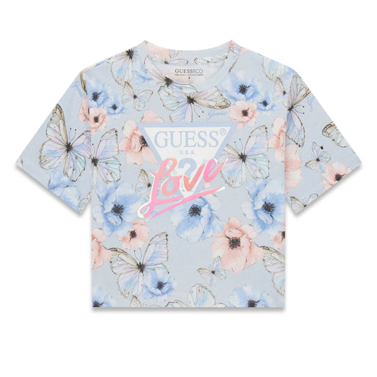 T-Shirt - Guess à manches courtes bleu clair avec papillons et fleurs roses et bleues, coton et élasthanne, vue de face