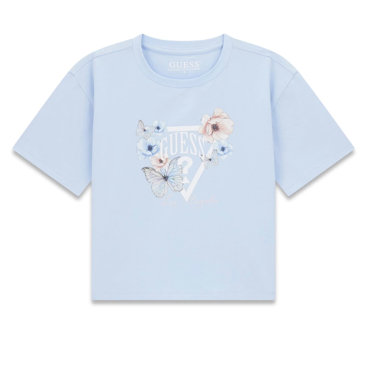 T-Shirt - Guess bleu ciel en coton avec motifs floraux et papillon, coupe droite, vue de face, enfant fille