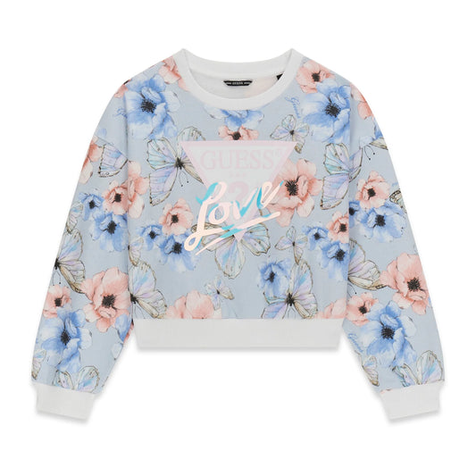 Chandail - Guess bleu clair à fleurs roses et bleues avec papillons, logo sur poitrine, manches longues, vue de face, coton et élasthanne